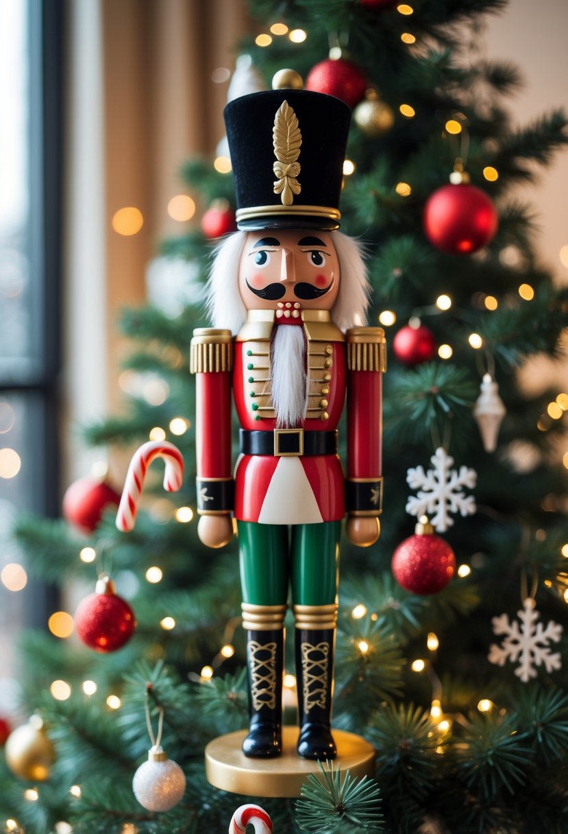 A Nutcracker figurine placed on top of a decorated Christmas tree with lights and ornaments.