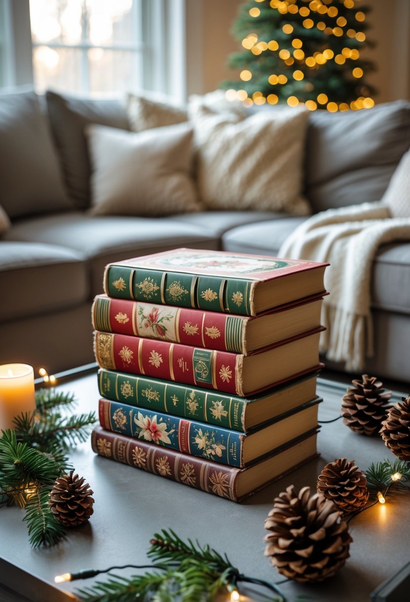 A stack of vintage holiday books on a coffee table surrounded by holiday decorations in a cozy living room.