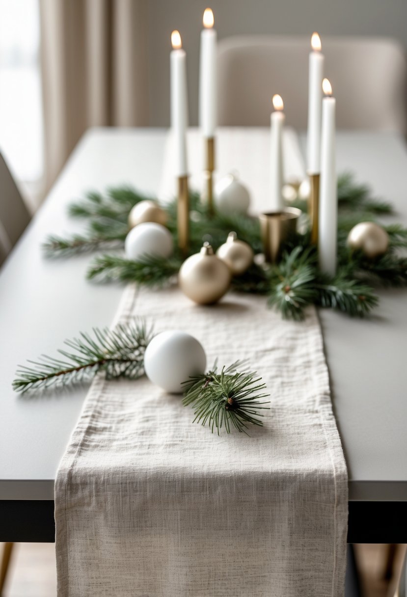 A dining table with a neutral linen table runner decorated with simple Christmas greenery, candles, and ornaments.