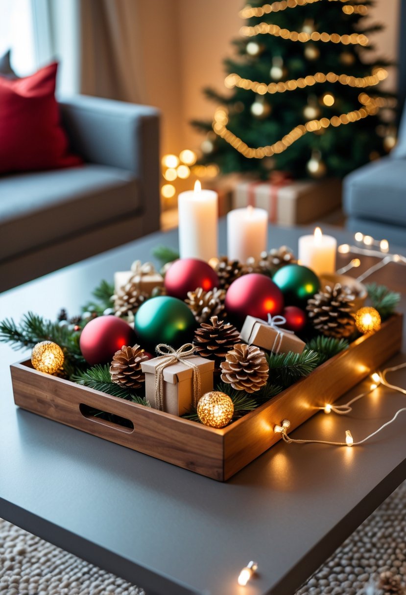 Decorative wooden tray with Christmas ornaments on a coffee table in a cozy living room.