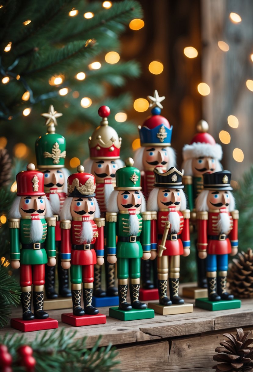 A collection of colorful wooden nutcracker figurines displayed on a wooden surface with festive Christmas decorations in the background.
