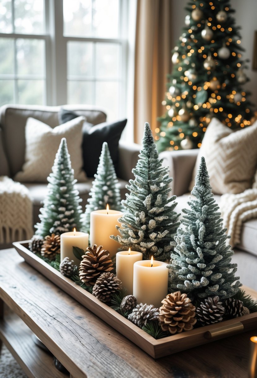 A cozy living room with a coffee table decorated with mini frosted pine trees, candles, and holiday accents.