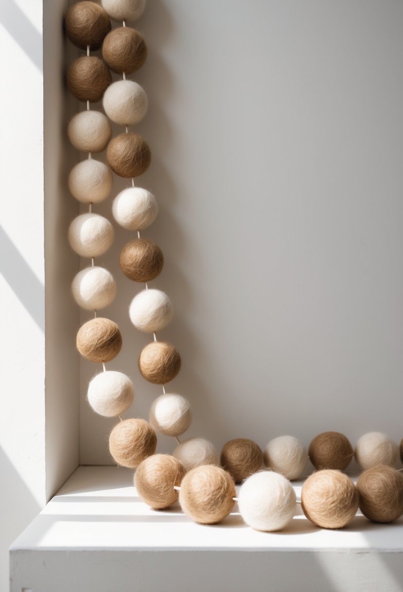 A beige felt ball garland hanging against a white background.