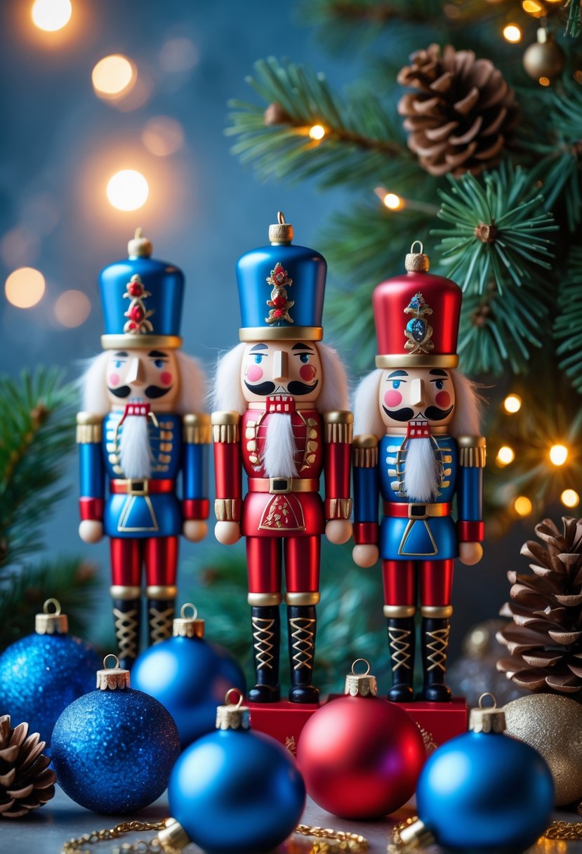 A collection of blue and red nutcracker Christmas ornaments arranged with pine branches and holiday decorations.