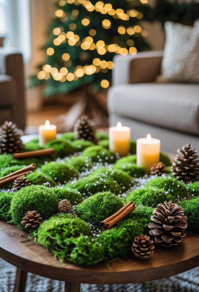 Coffee table decorated with green moss sprinkled with white faux snow and small holiday accents in a cozy living room.