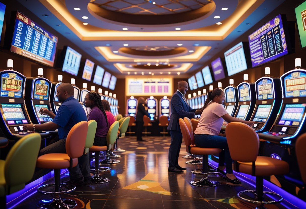 People playing slot machines and digital games inside a modern casino with bright lights and a lively atmosphere.
