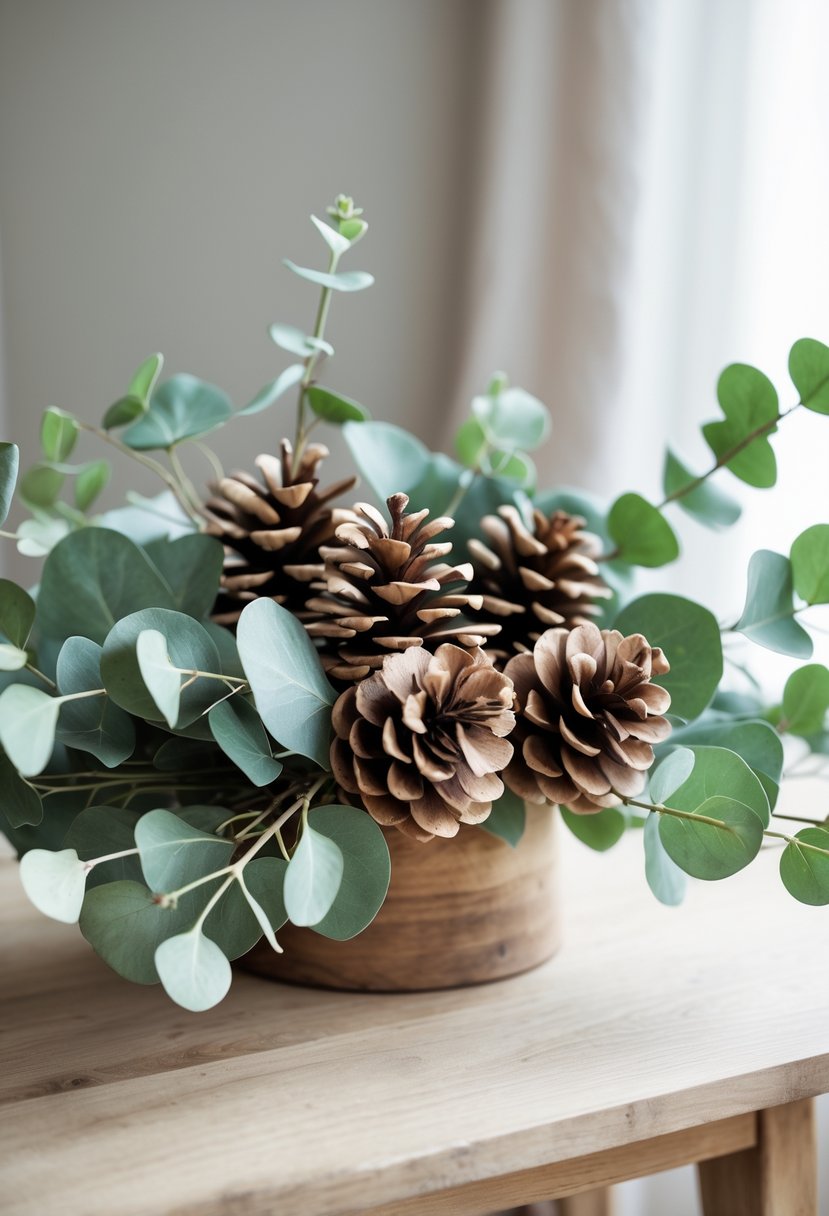 A rustic pinecone centerpiece with eucalyptus leaves on a wooden table.