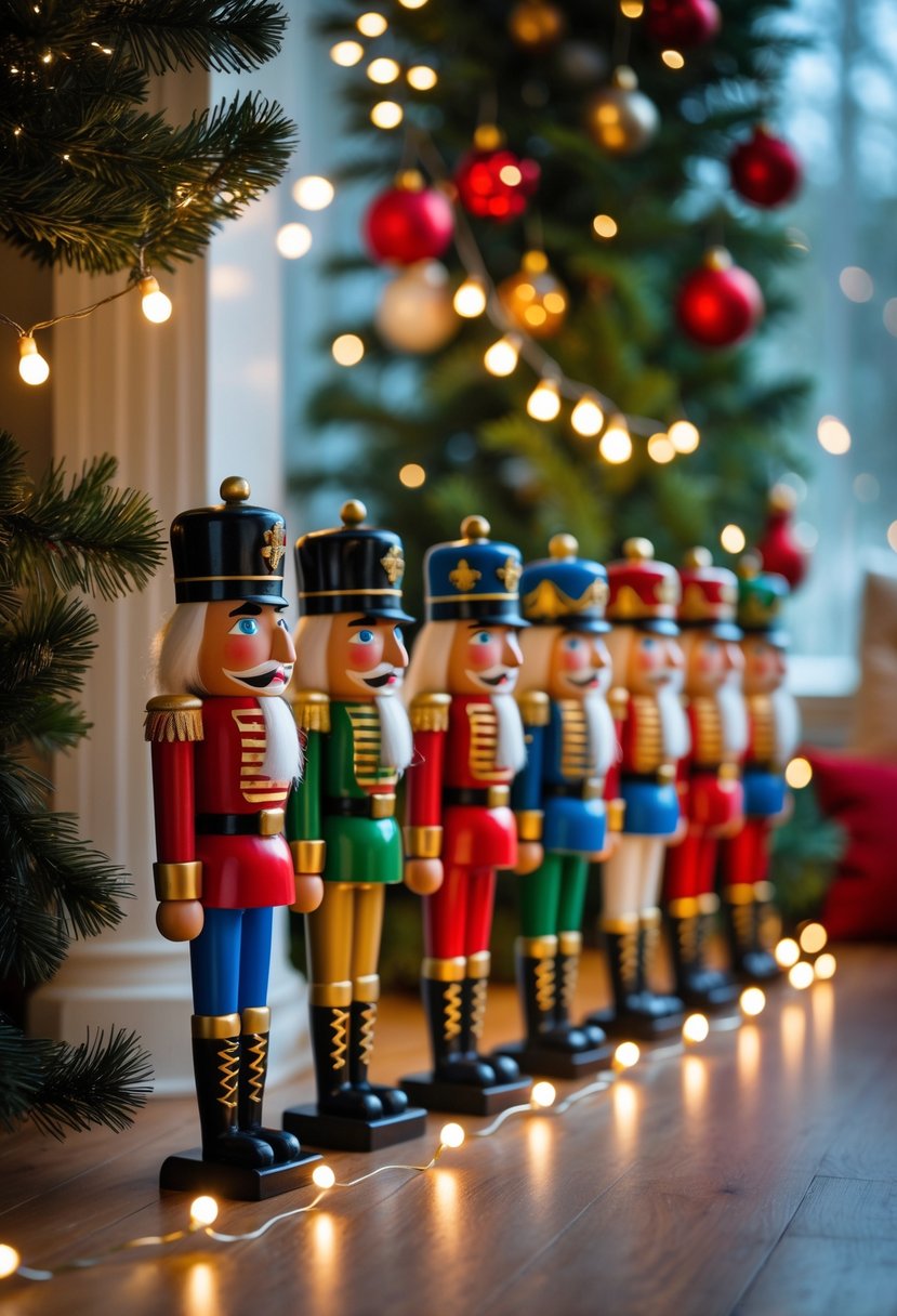 A string of colorful nutcracker figures hanging on a garland with warm white fairy lights in a festive indoor setting with Christmas decorations in the background.