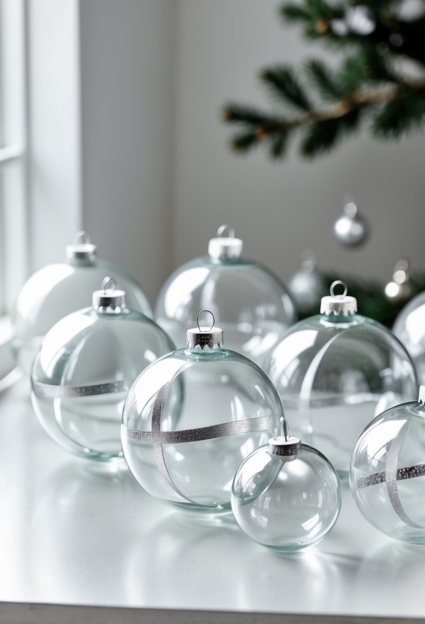 Clear glass Christmas baubles with silver accents arranged on a white surface.