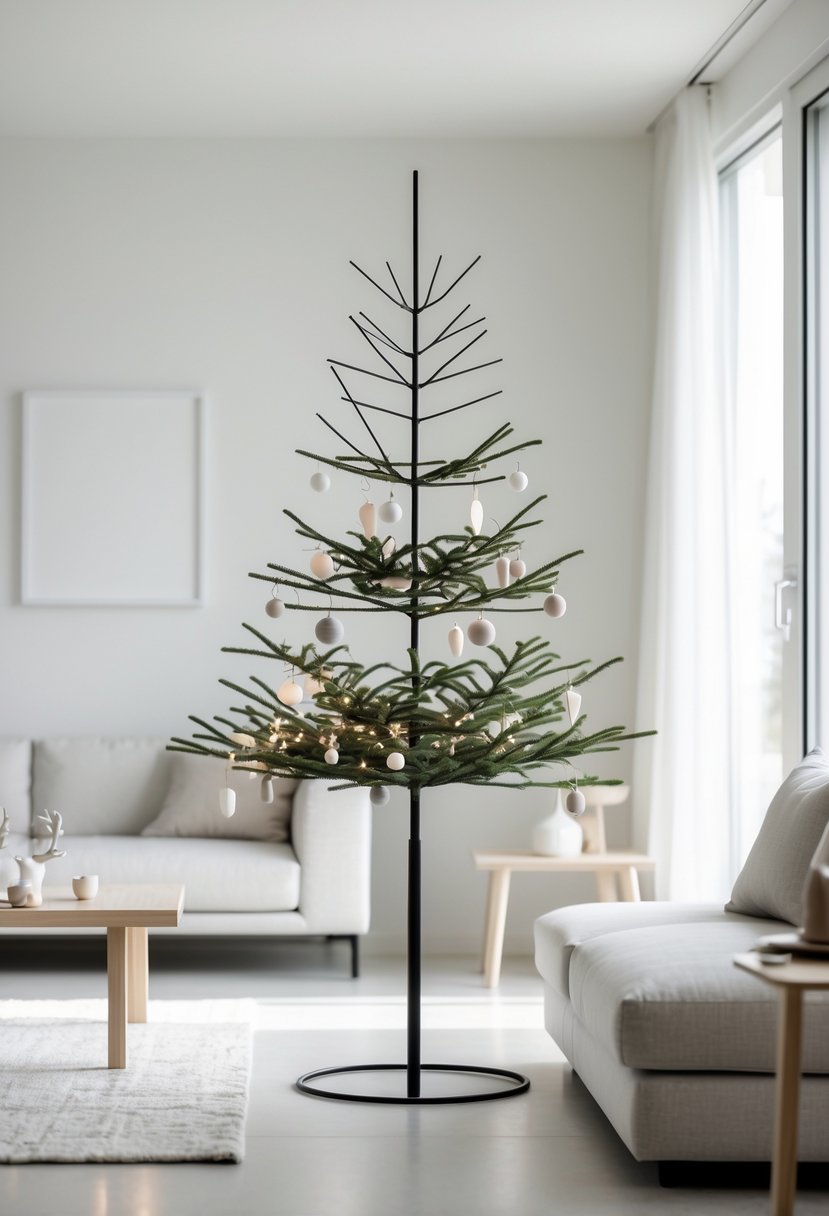 A minimalist Christmas tree on a black metal stand in a bright living room with simple furniture and natural light.