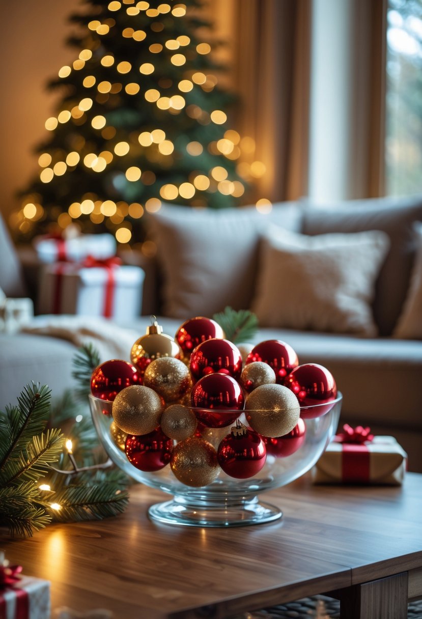 A bowl filled with red and gold Christmas baubles on a coffee table in a cozy living room.