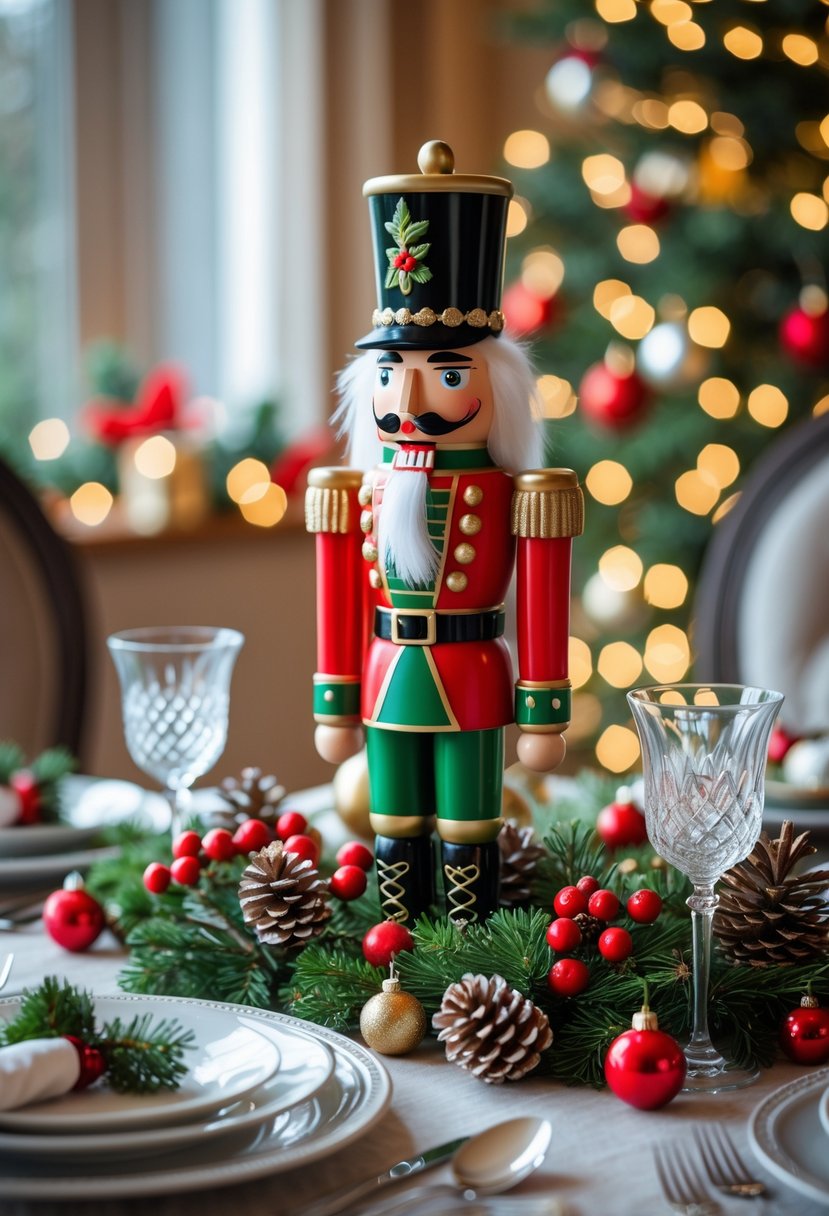 A dining table with a festive nutcracker centerpiece surrounded by Christmas decorations and table settings.