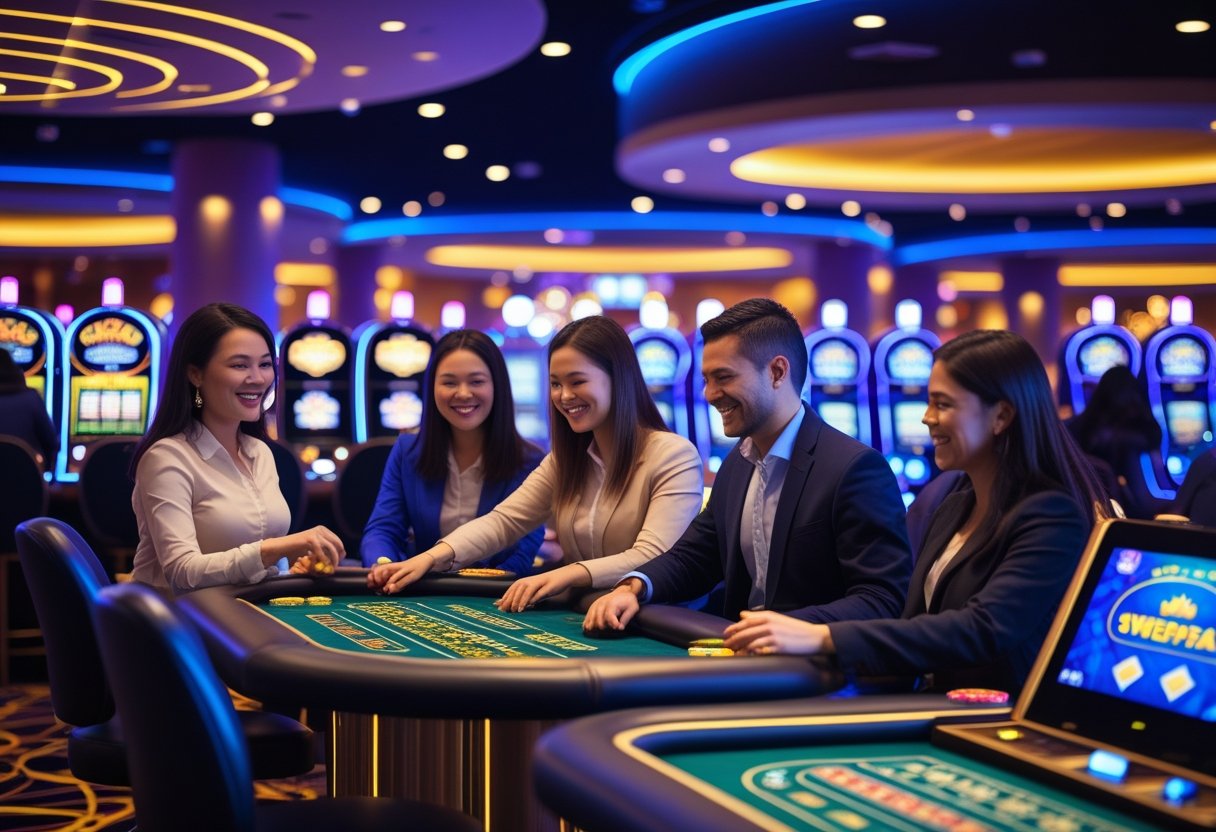 People enjoying casino games like slot machines and card tables in a lively and colorful casino setting.