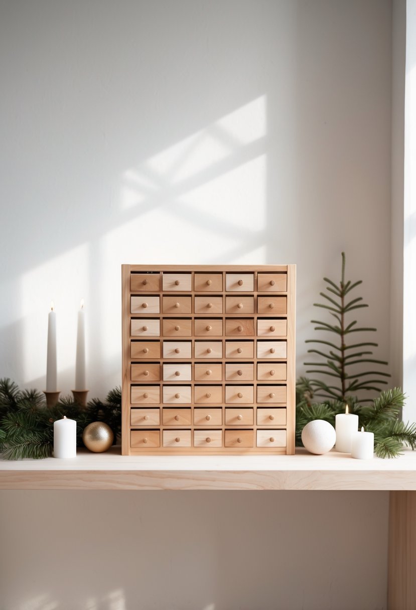 A handcrafted natural wood advent calendar displayed on a light wooden surface with small pine branches and candles around it.