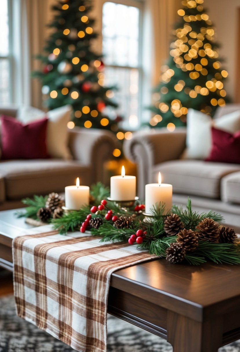 A coffee table with a plaid linen runner decorated with pine cones, evergreen sprigs, red berries, and candles in a cozy living room during Christmas.