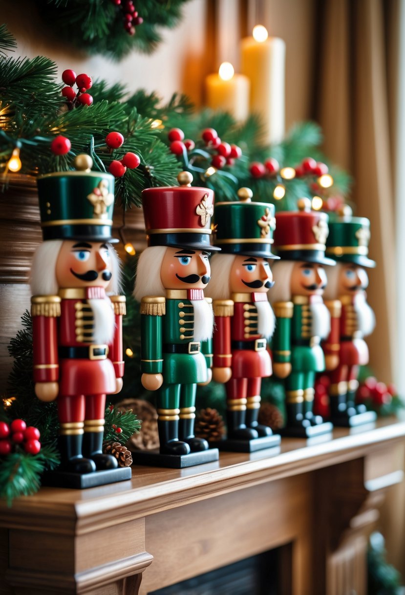 Miniature nutcracker figurines displayed on a decorated fireplace mantel with Christmas garlands and lights.