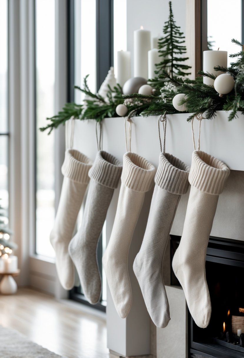 A living room with simple cotton stockings in muted colors hanging on a fireplace mantel, surrounded by minimal Christmas decorations.