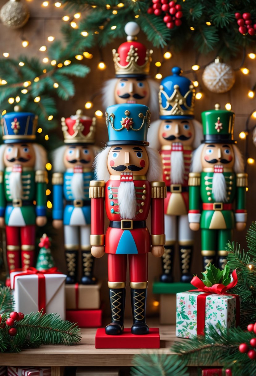A display of 15 colorful nutcracker figurines arranged with Christmas greenery and fairy lights on wooden shelves.