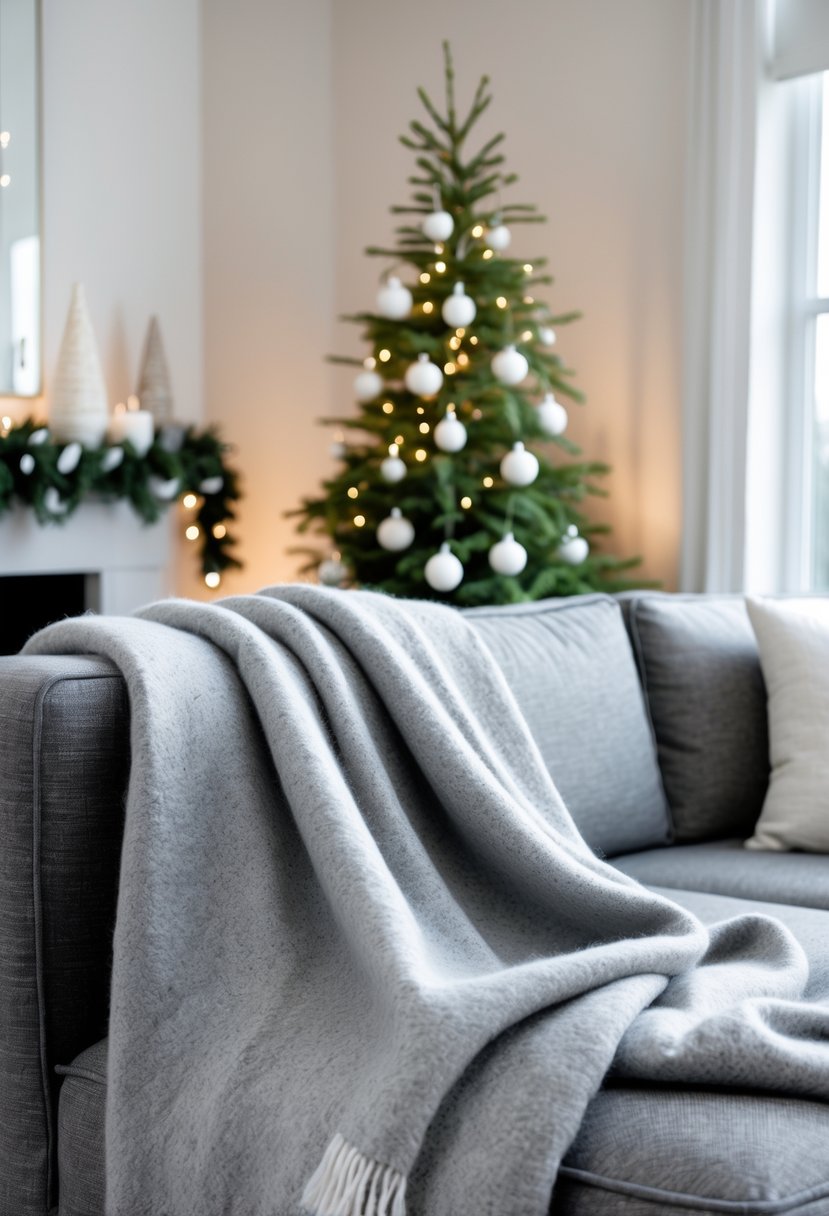 A soft gray wool throw blanket draped over a sofa in a living room decorated with a small Christmas tree and simple holiday decorations.