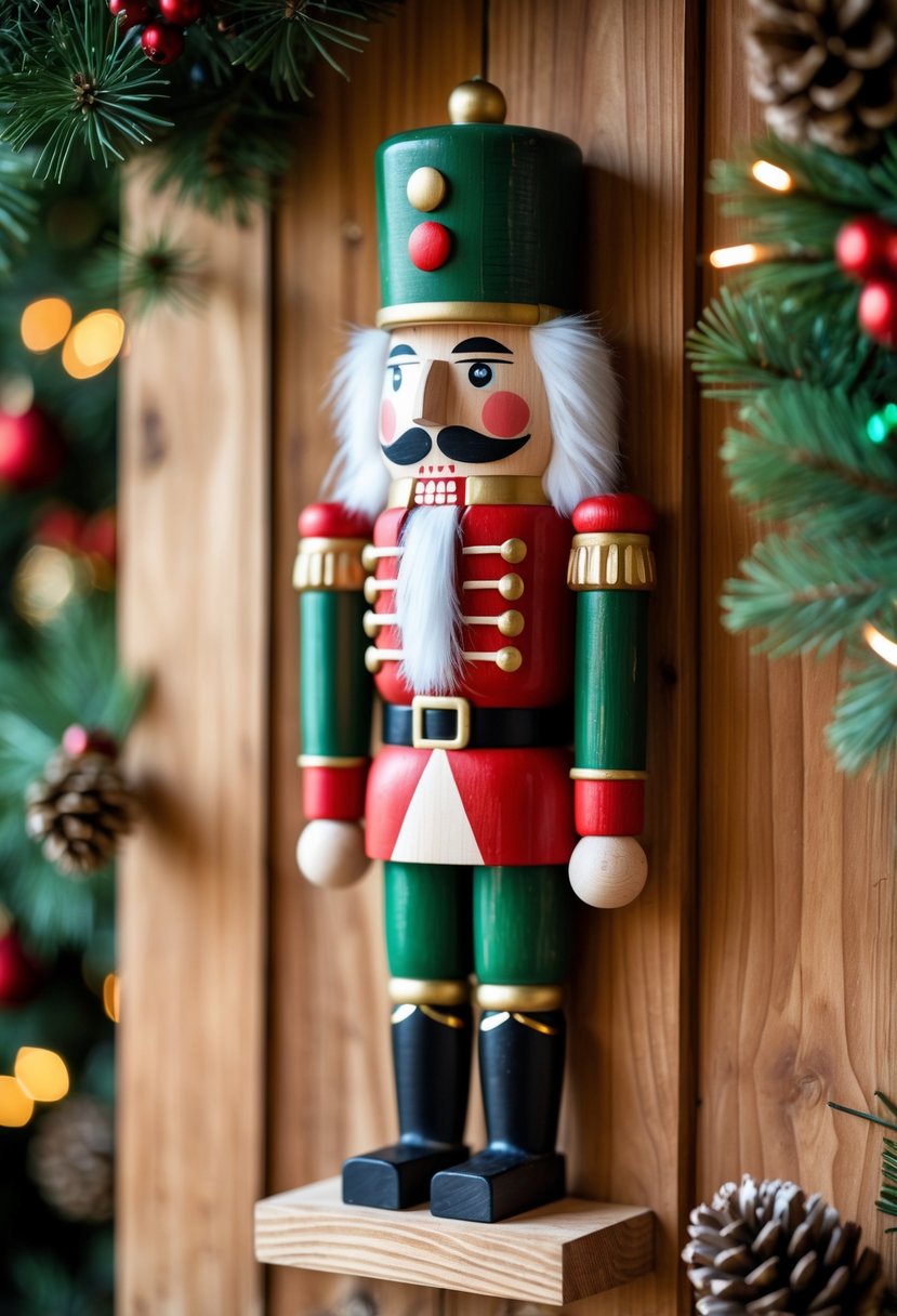 A wooden nutcracker wall decoration mounted on a wooden wall surrounded by Christmas pine branches and pinecones.