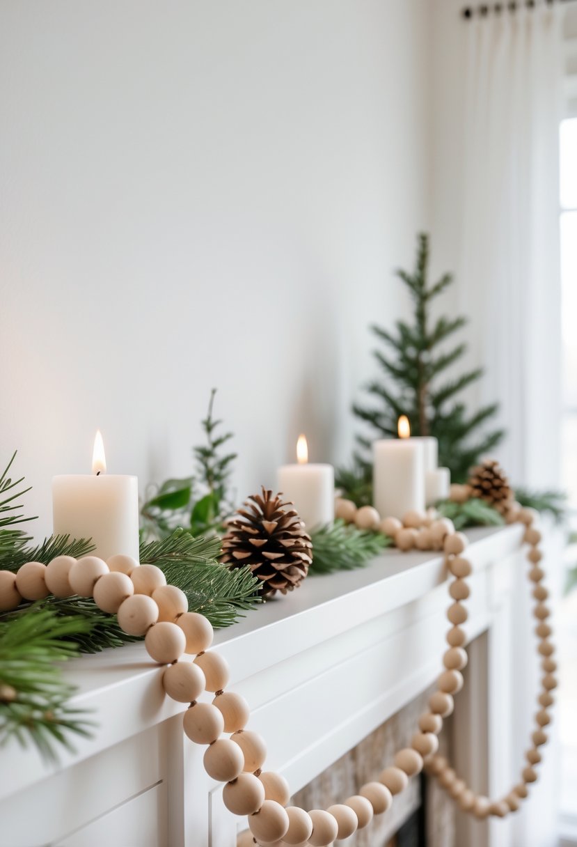 A neutral wooden bead garland arranged on a white mantel with candles, pinecones, and greenery in a bright room.