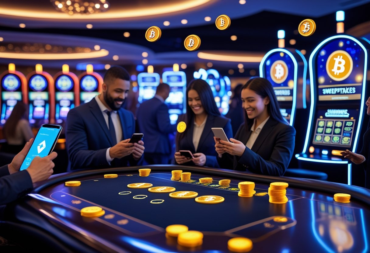 A casino table with digital displays of virtual currency symbols and players using smartphones and tablets in a lively casino setting.