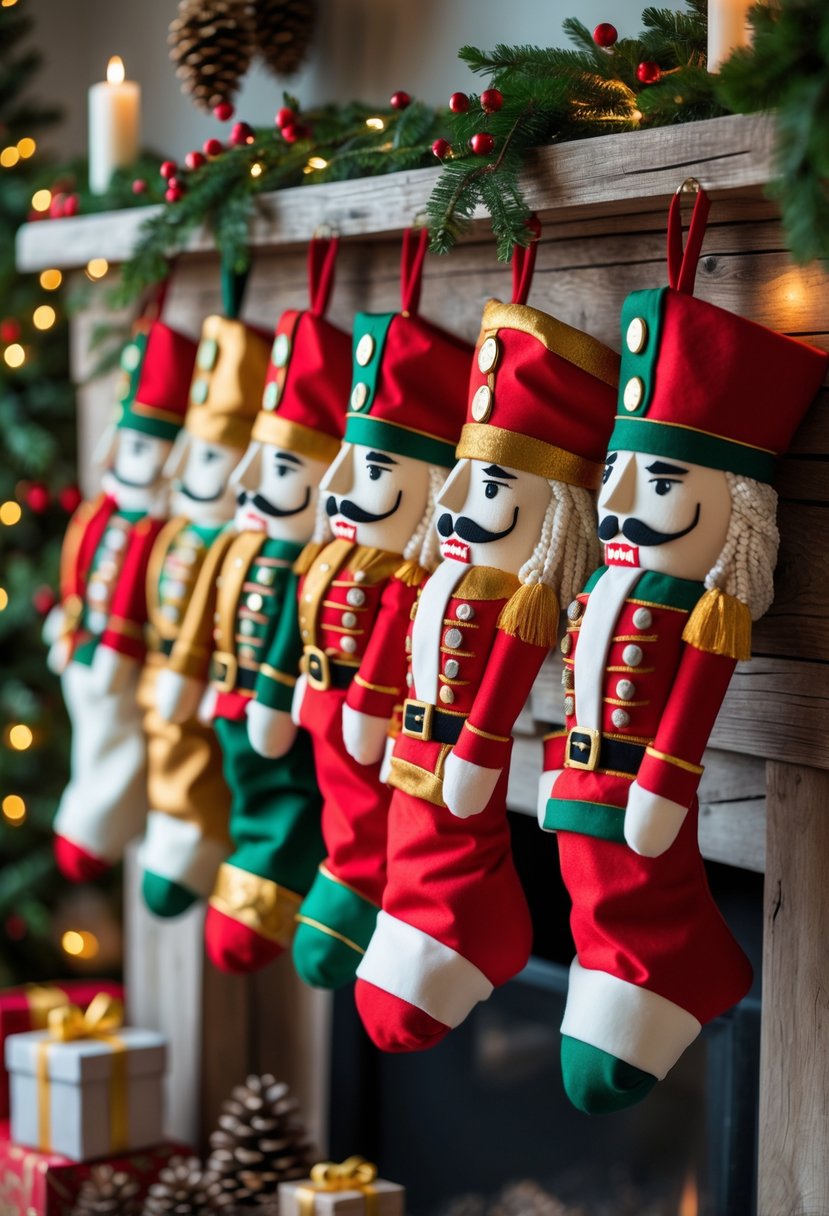 A mantelpiece decorated with fifteen colorful Christmas stockings featuring nutcracker designs, surrounded by pine garlands, fairy lights, and holiday ornaments.