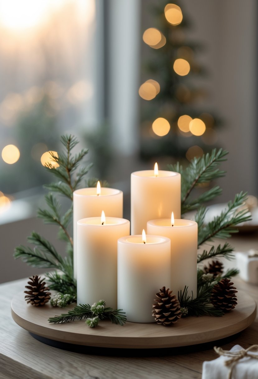 White pillar candles arranged on a wooden surface with pine sprigs and pine cones, creating a simple Christmas decoration.