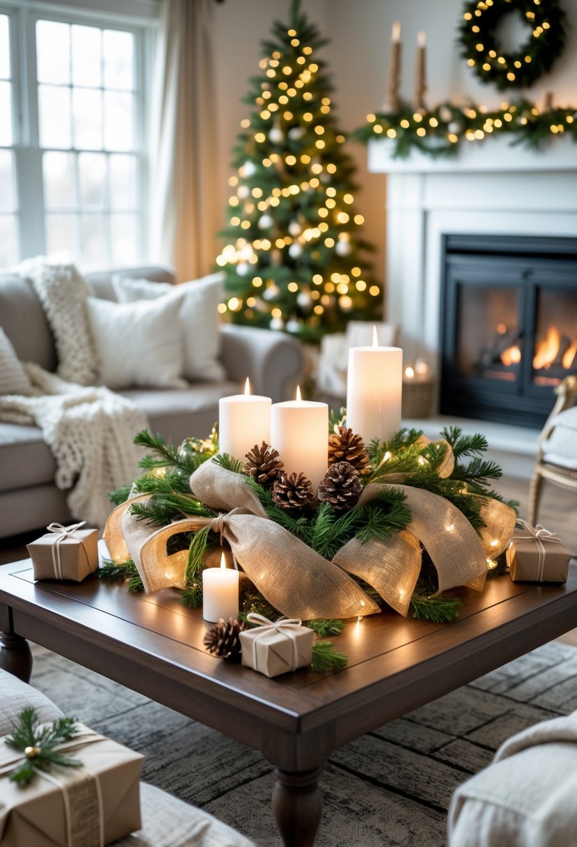 A cozy living room with a coffee table decorated for Christmas with burlap ribbon, greenery, pine cones, candles, and wrapped gifts.