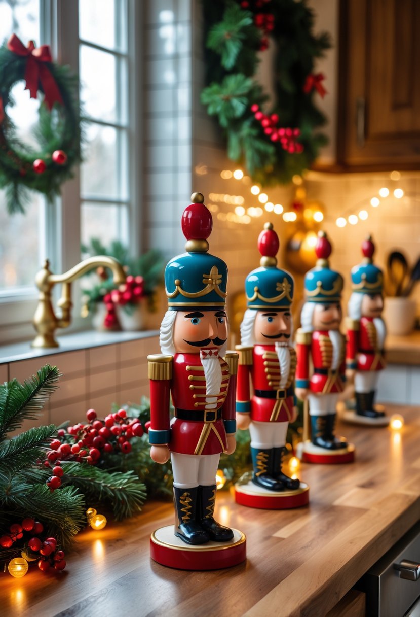A kitchen countertop with colorful nutcracker cookie jars and Christmas decorations including pine garlands and string lights.