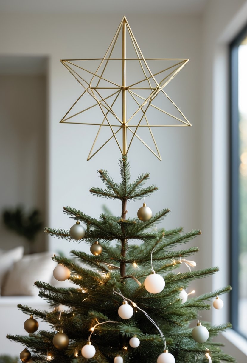 A Christmas tree with a brass geometric star tree topper and simple decorations in a modern room.