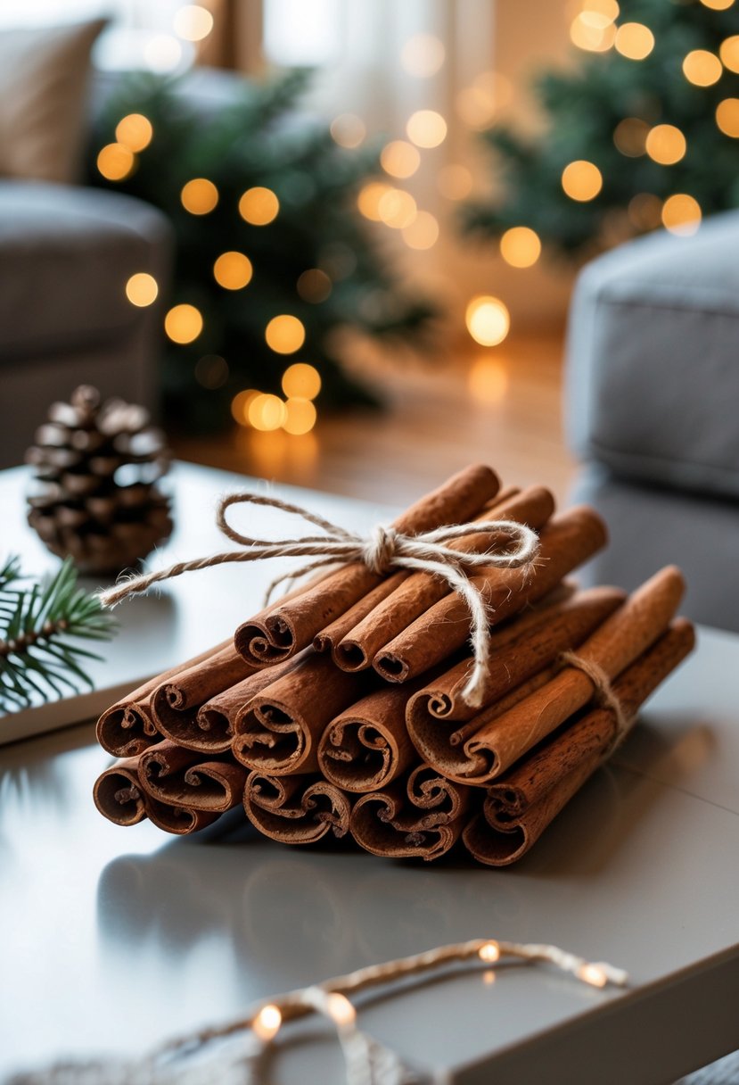 A bundle of cinnamon sticks tied with twine on a coffee table surrounded by Christmas decorations in a cozy living room.