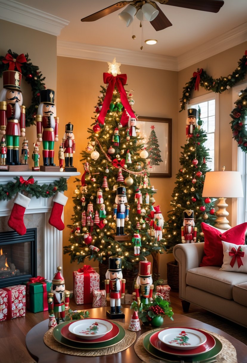A festive holiday party room decorated with various colorful nutcracker figurines, a Christmas tree with nutcracker ornaments, garlands, wreaths, and a decorated table with nutcracker-themed settings.