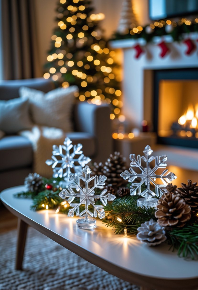 A cozy living room with a coffee table displaying crystal snowflake figurines and Christmas decorations near a sofa and fireplace.