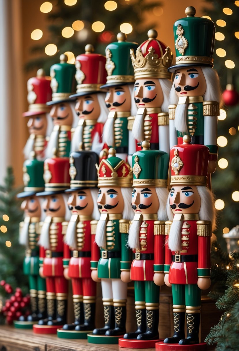 A vertical stack of fifteen colorful nutcracker Christmas figurines arranged in a festive setting with holiday lights and greenery in the background.