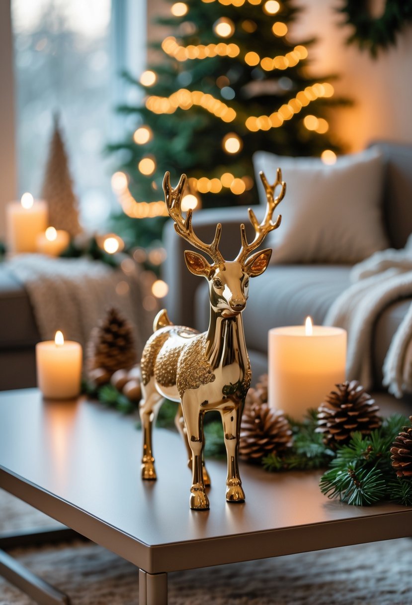 A gold-accented ceramic reindeer on a coffee table surrounded by Christmas decorations in a cozy living room.