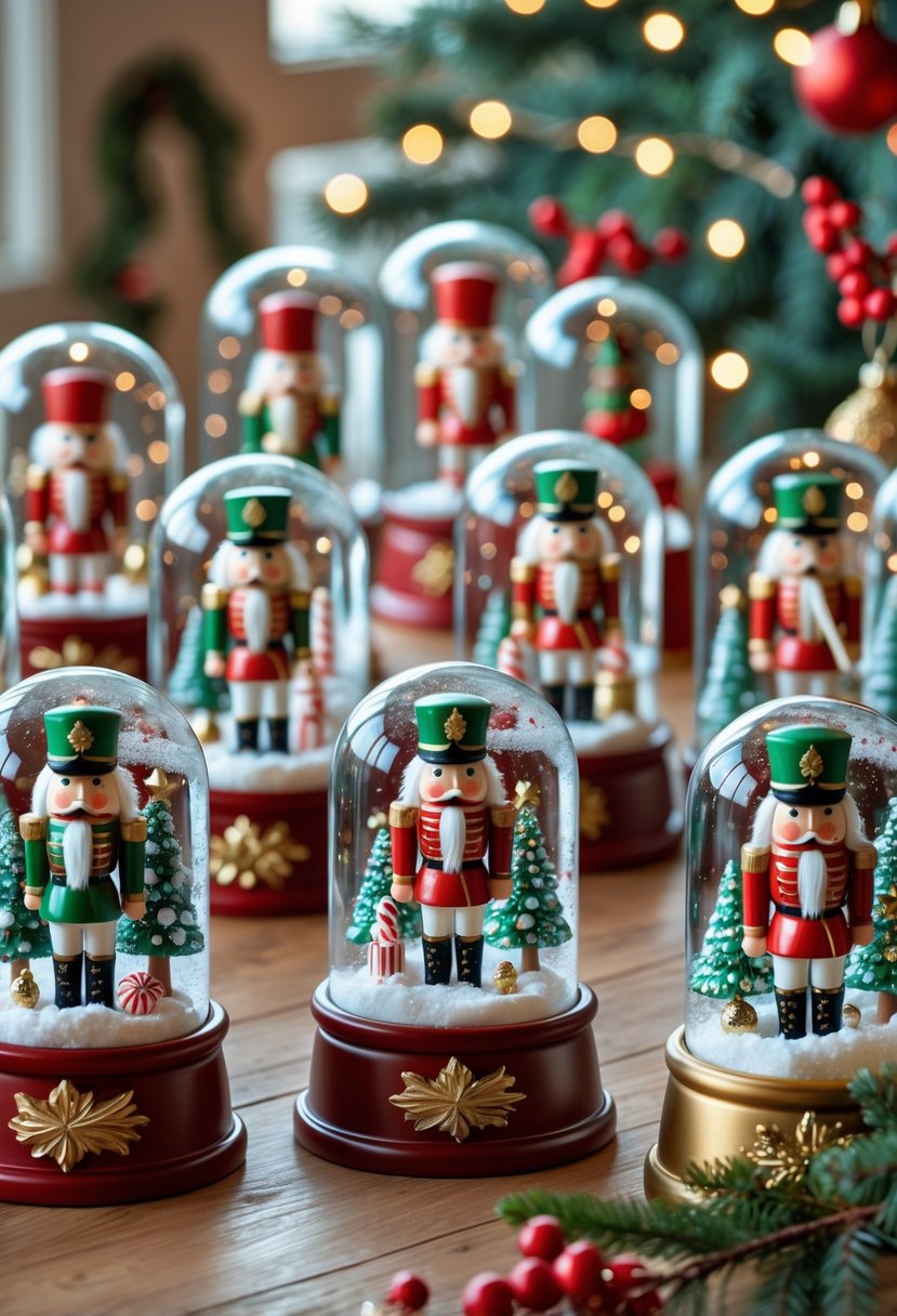 A collection of 15 nutcracker-themed Christmas snow globes arranged on a wooden surface with festive decorations in the background.