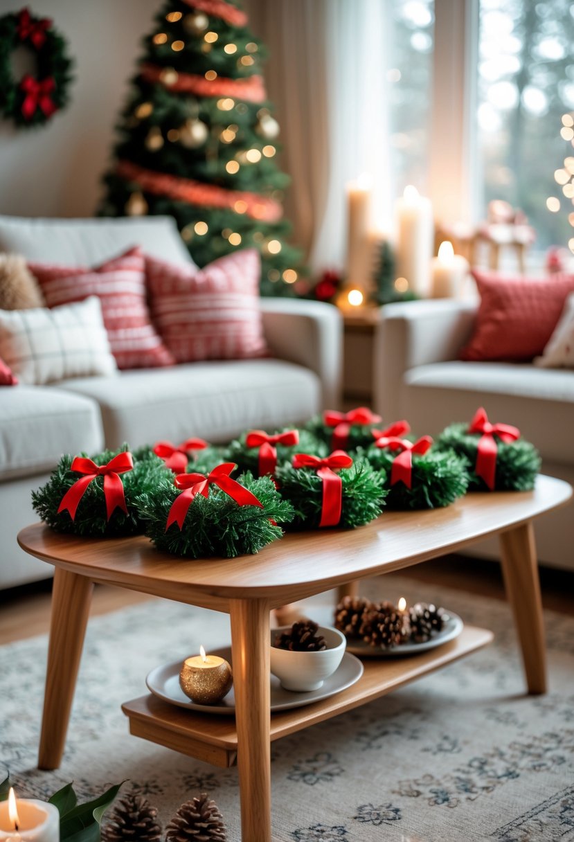 A cozy living room with a wooden coffee table decorated with mini wreaths tied with red ribbons and other festive holiday accents.
