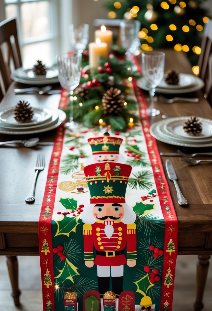 A Christmas table decorated with a colorful Nutcracker-themed table runner, Nutcracker figurines, pine cones, and holiday ornaments.
