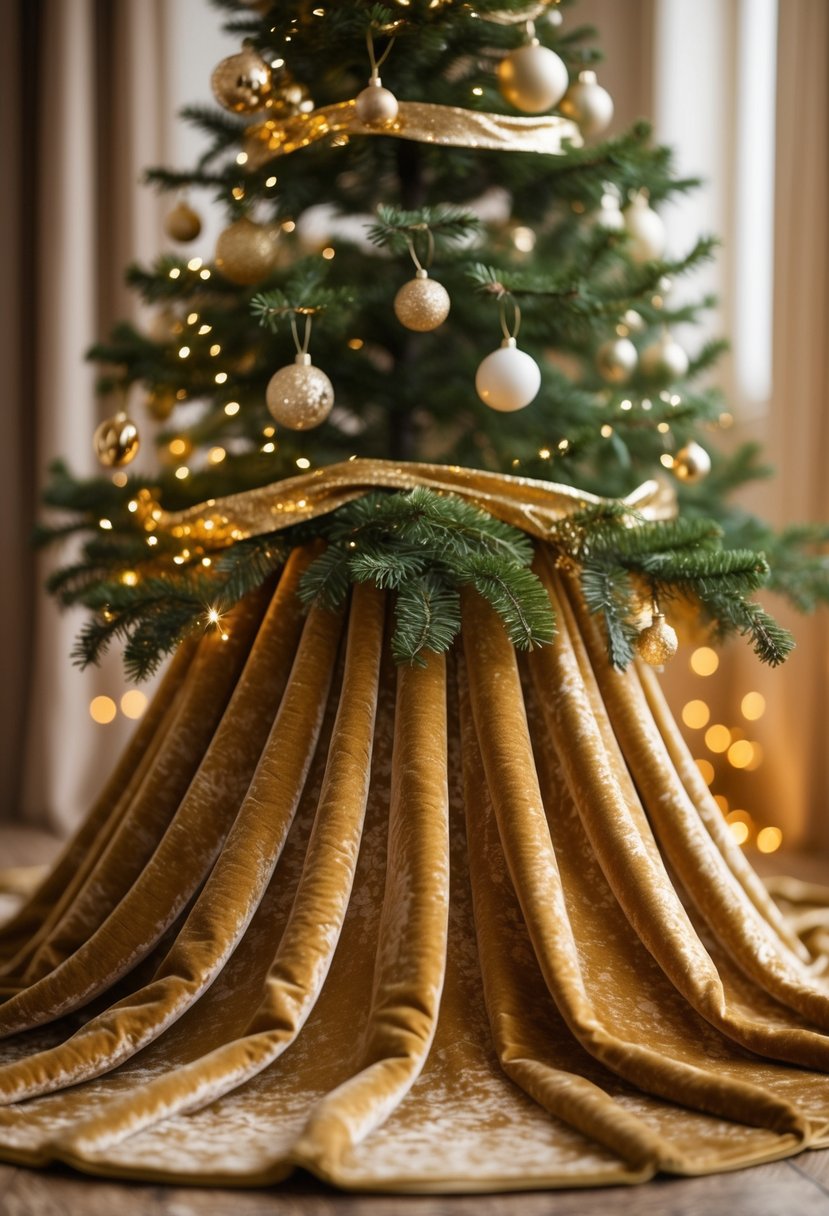 A gold velvet tree skirt around the base of a decorated Christmas tree with gold ornaments and soft lighting.