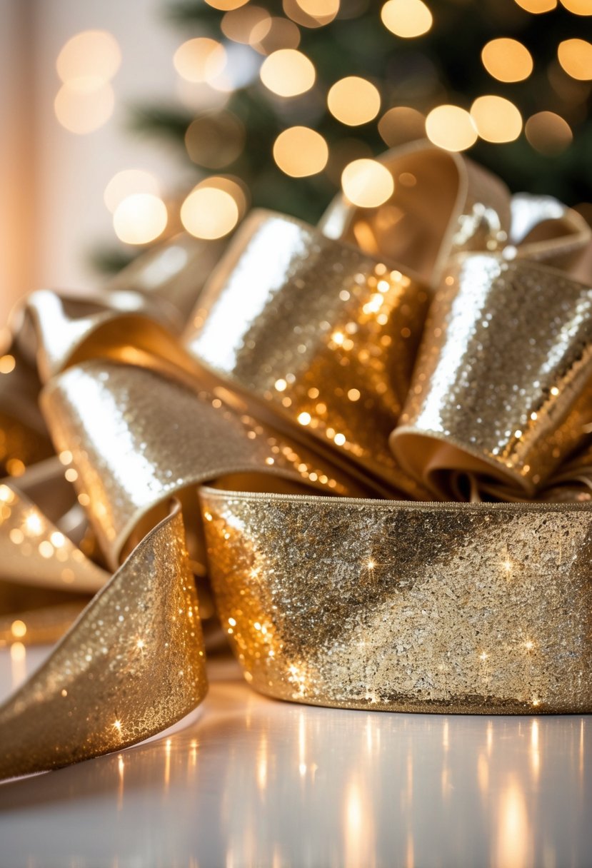 A metallic gold ribbon garland with glitter accents arranged for holiday decoration.