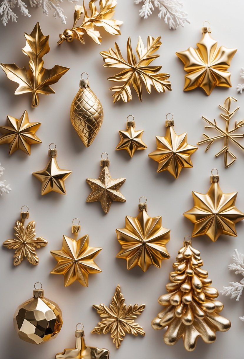 An assortment of gold leaf Christmas ornaments in various shapes arranged on a neutral background.