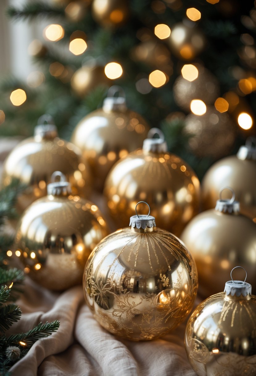 A close-up of antique gold mercury glass Christmas baubles arranged with festive greenery and soft lights.
