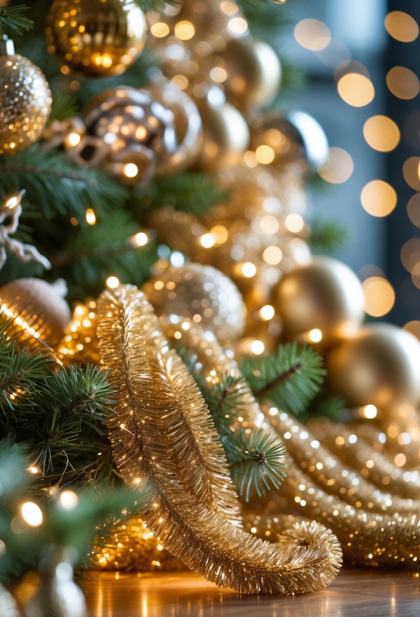 Close-up of sparkling crystal gold tinsel intertwined with gold Christmas ornaments and pine branches.