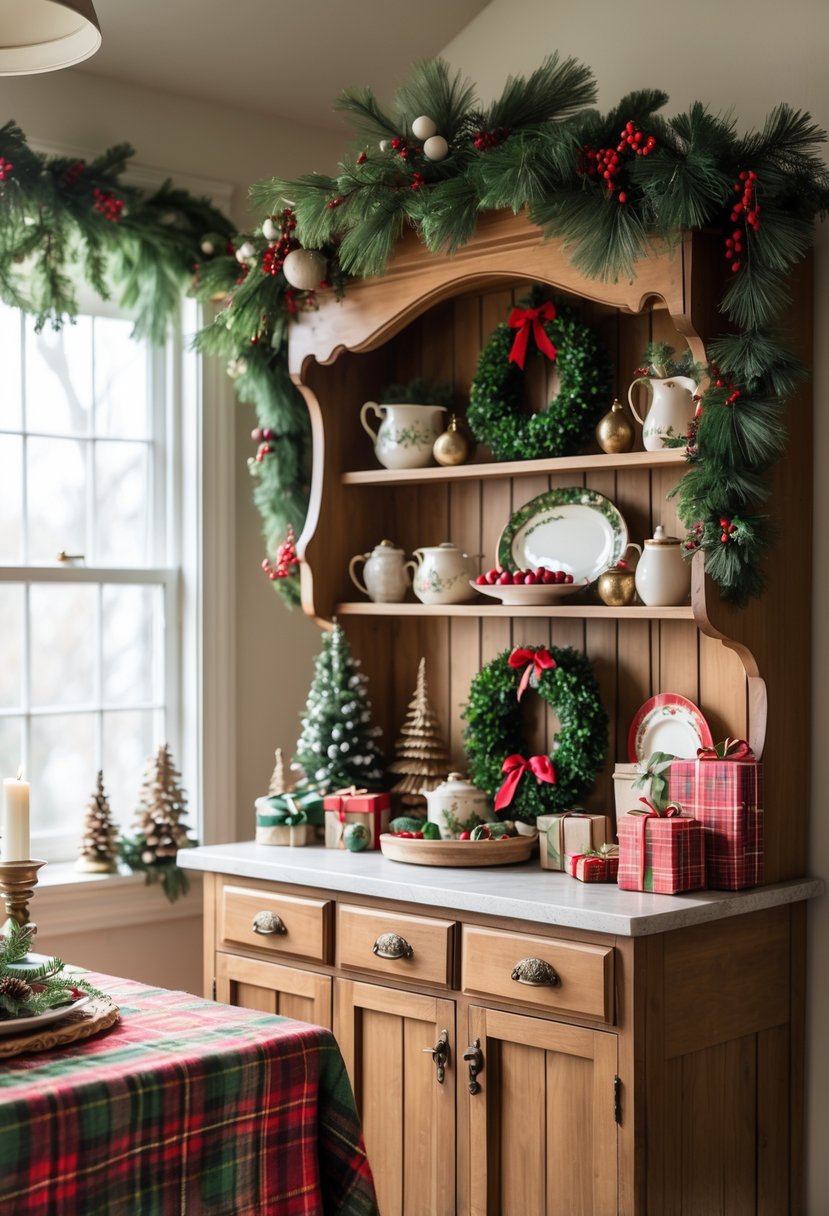 A wooden hutch decorated with Christmas garlands, ornaments, candles, and a nearby table covered with a red and green plaid tablecloth.