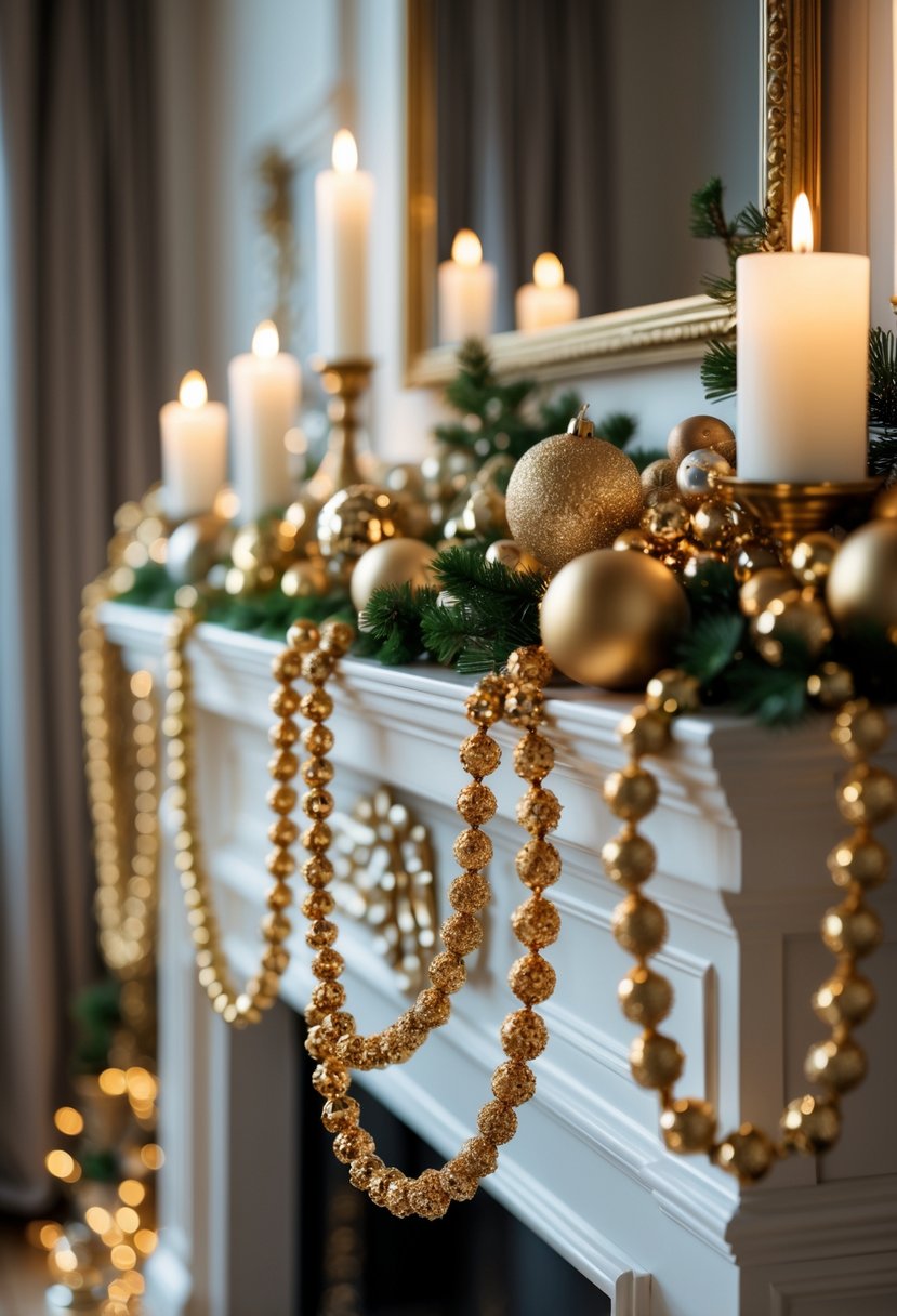 A gold beaded garland draped on a mantel decorated with gold ornaments, candles, and greenery for Christmas.