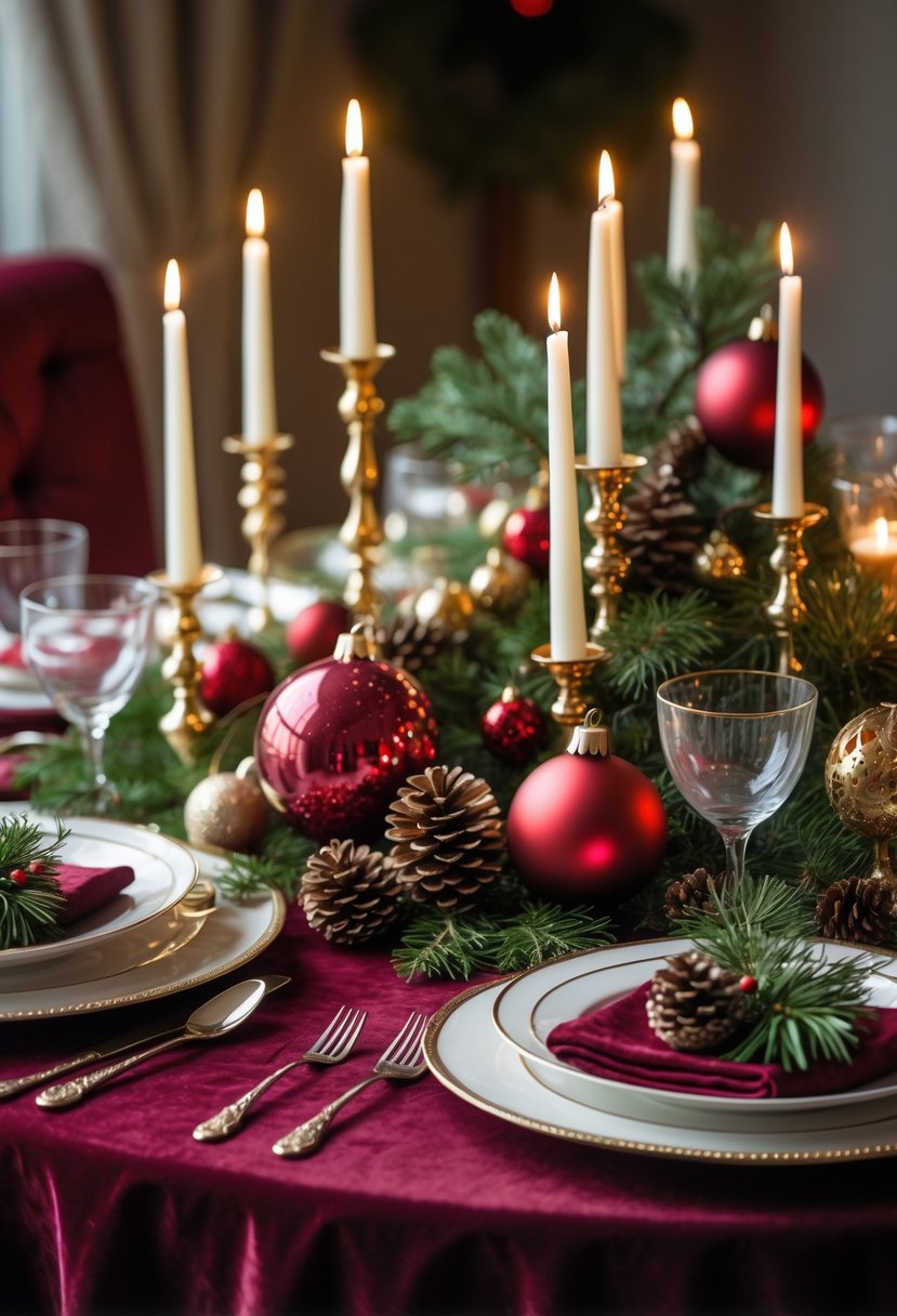 A round dining table covered with a deep burgundy velvet tablecloth, decorated with Christmas ornaments, candles, pine branches, and fine dinnerware.