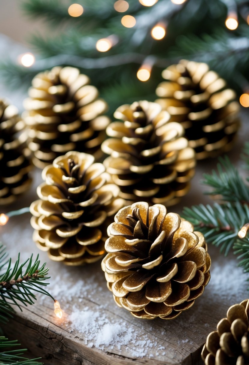 Close-up of gold-painted pinecones arranged with evergreen branches and soft lights on a wooden surface.