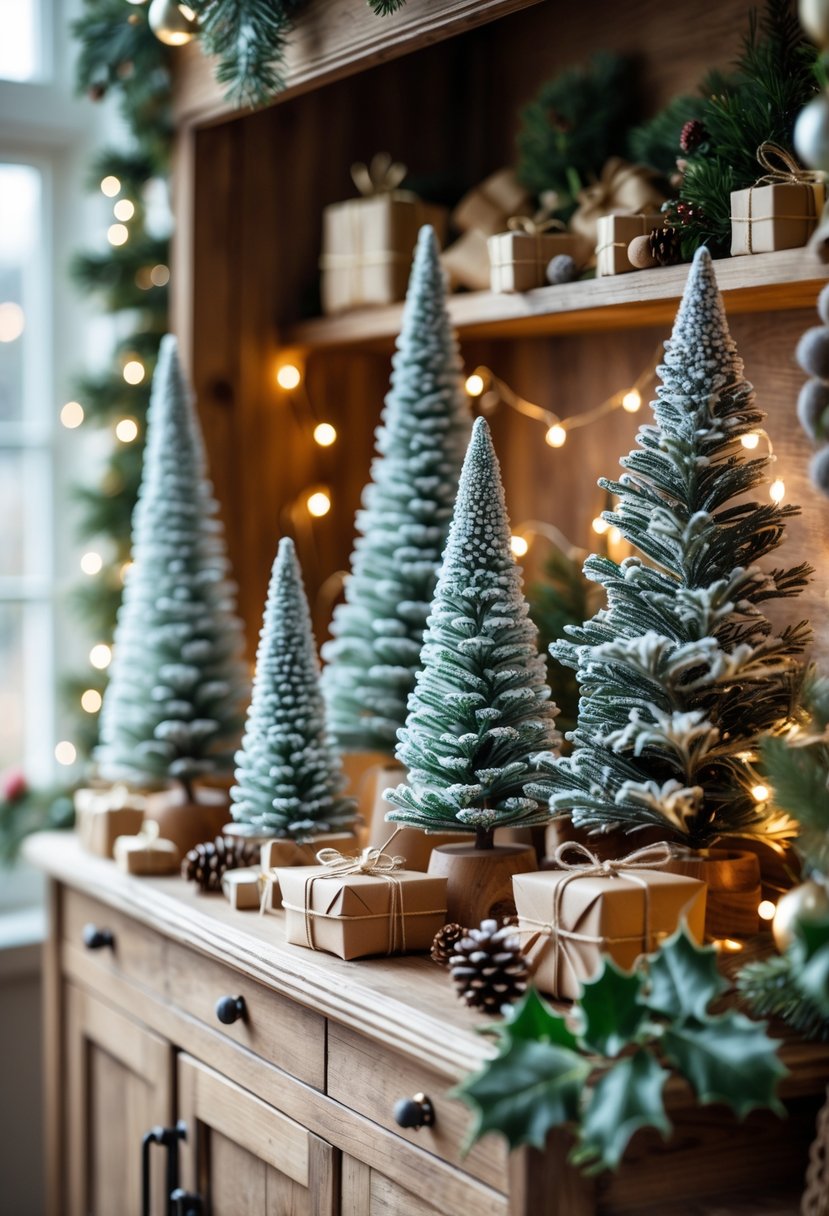 A wooden hutch decorated with miniature frosted trees, small gifts, pine cones, and holiday greenery, softly lit to create a warm Christmas scene.