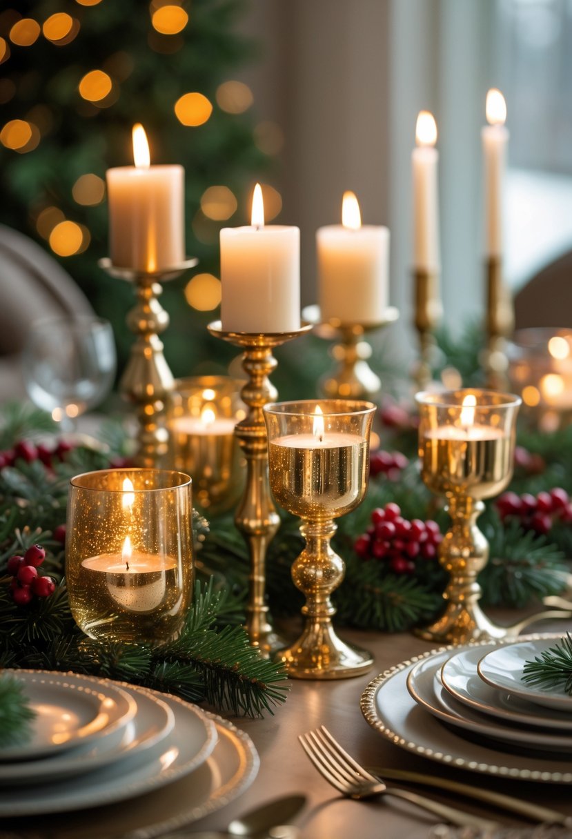 A round dining table decorated with gold mercury glass candle holders and holiday greenery, softly lit by candlelight.